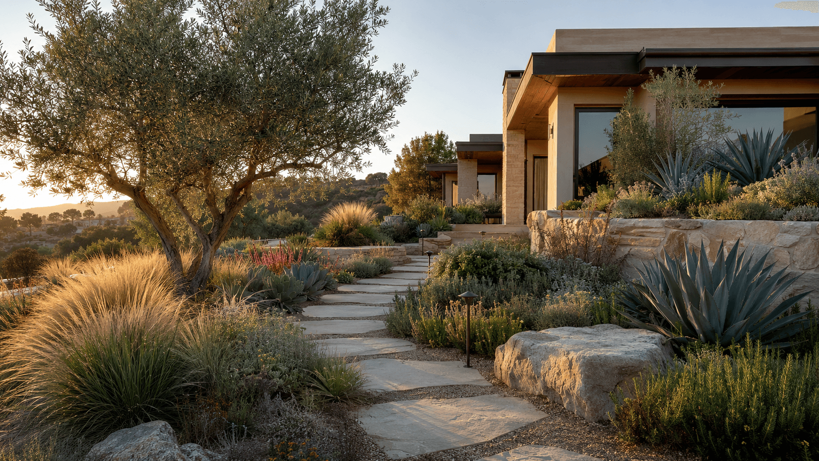 Water-wise residential landscape with native plants, stone paths, and mature olive trees
