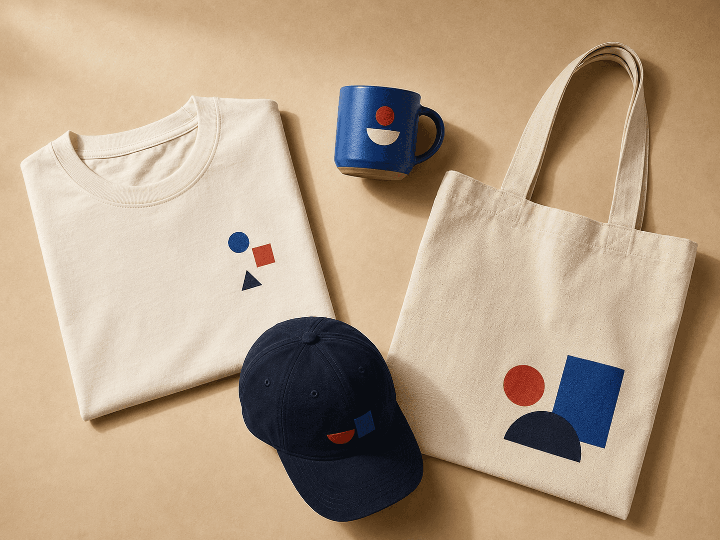 Curated collection of a graphic T-shirt, ceramic mug, canvas tote, and cap