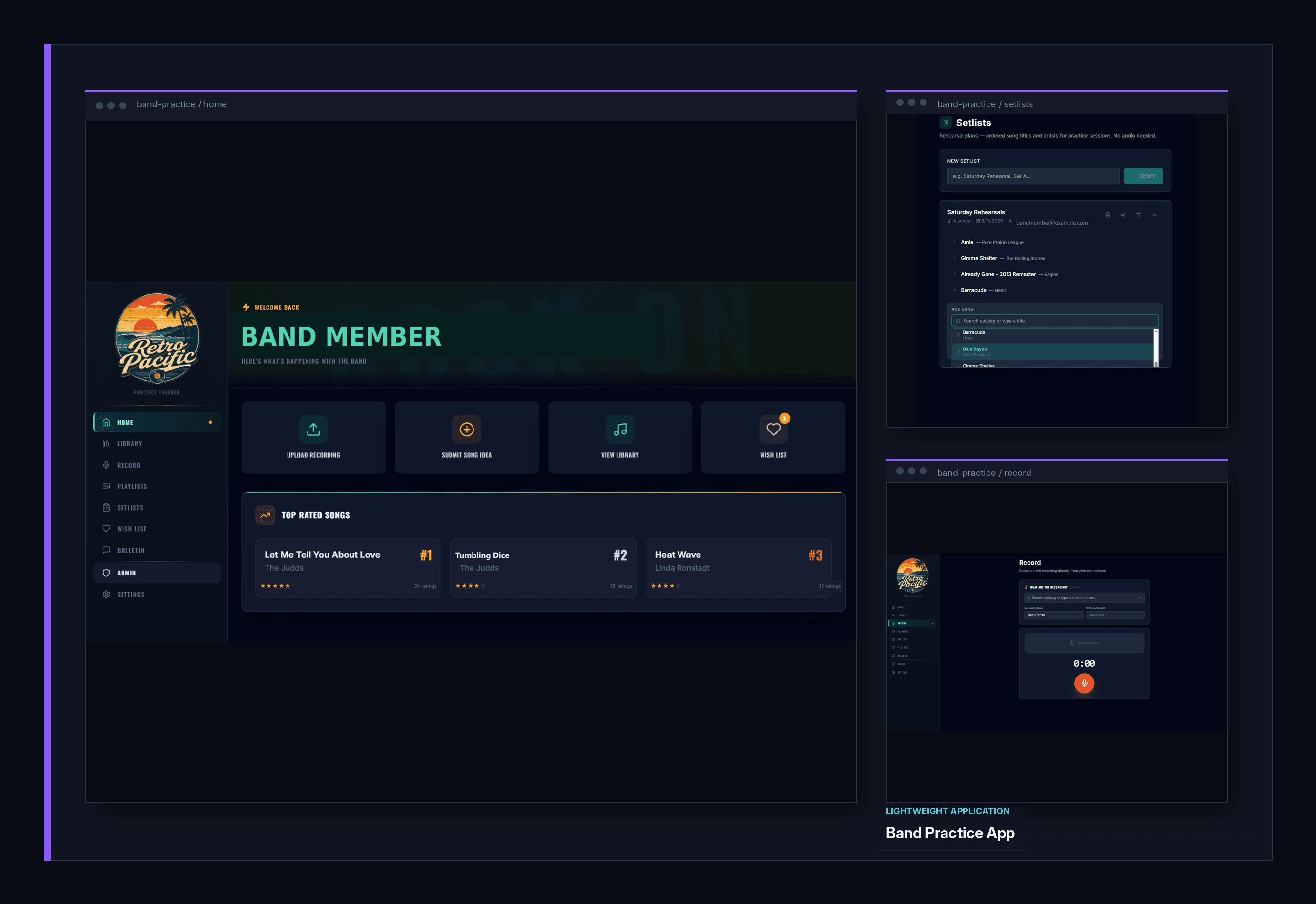 The Band Practice App, a shared tool for setlists, recordings, and rehearsal coordination.
