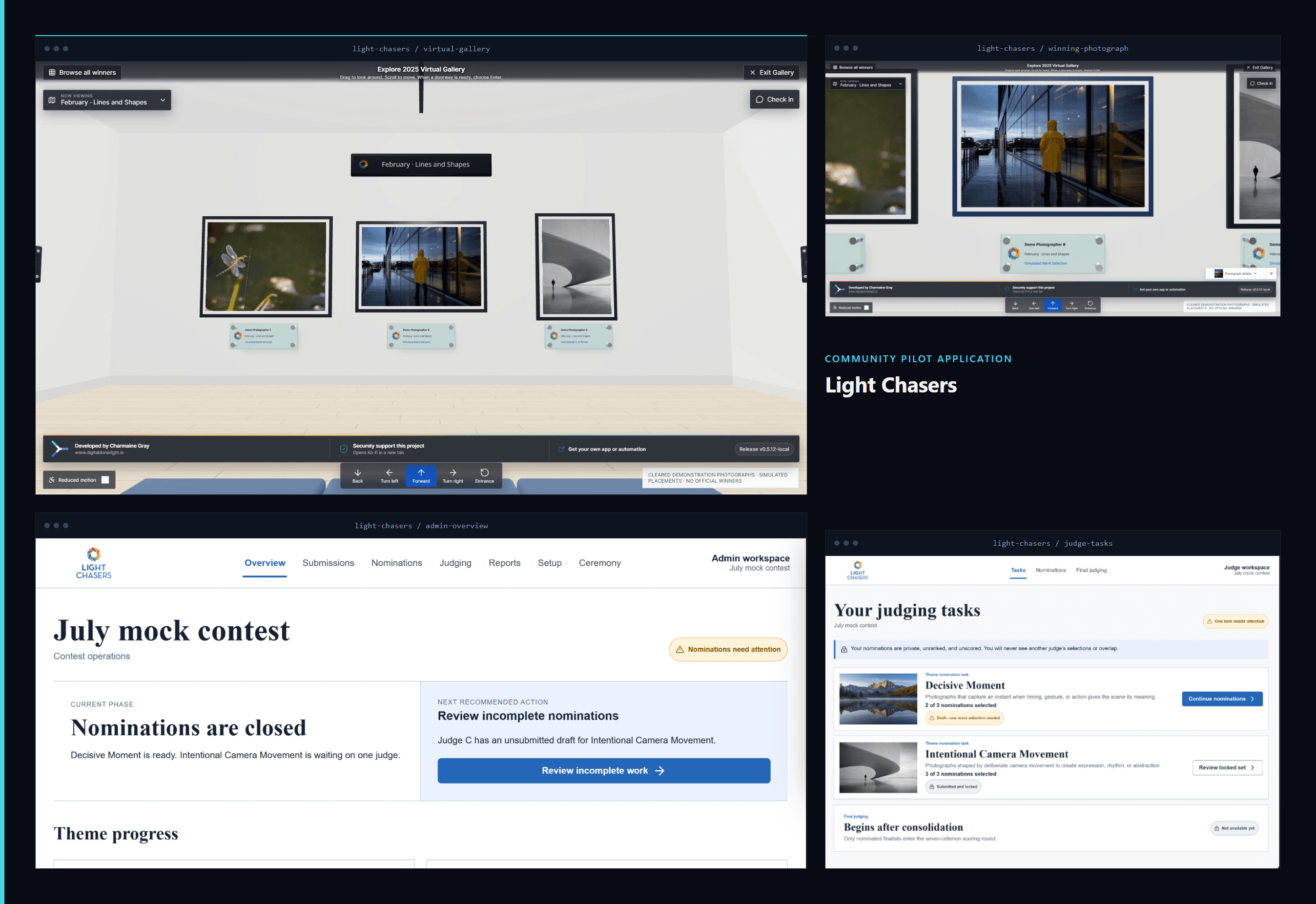 Light Chasers: a 3D virtual photography gallery with framed winning photographs, alongside the admin and judge workspaces.
